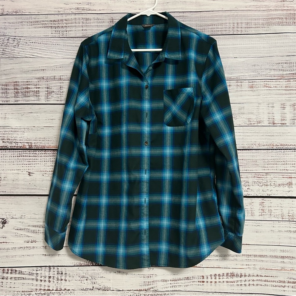 Eddie Bauer | Plaid Button-Up Shirt | Blue & Green | Size XL